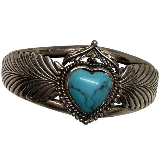 Sterling Silver Bracelet Turquoise Heart Center & Feathers Size 5.75 - Picture 1 of 4